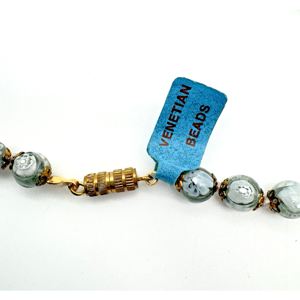 Vintage Venetian Glass Necklace Millefiori Beaded Gray White Hand Knotted NEW - Picture 6 of 8